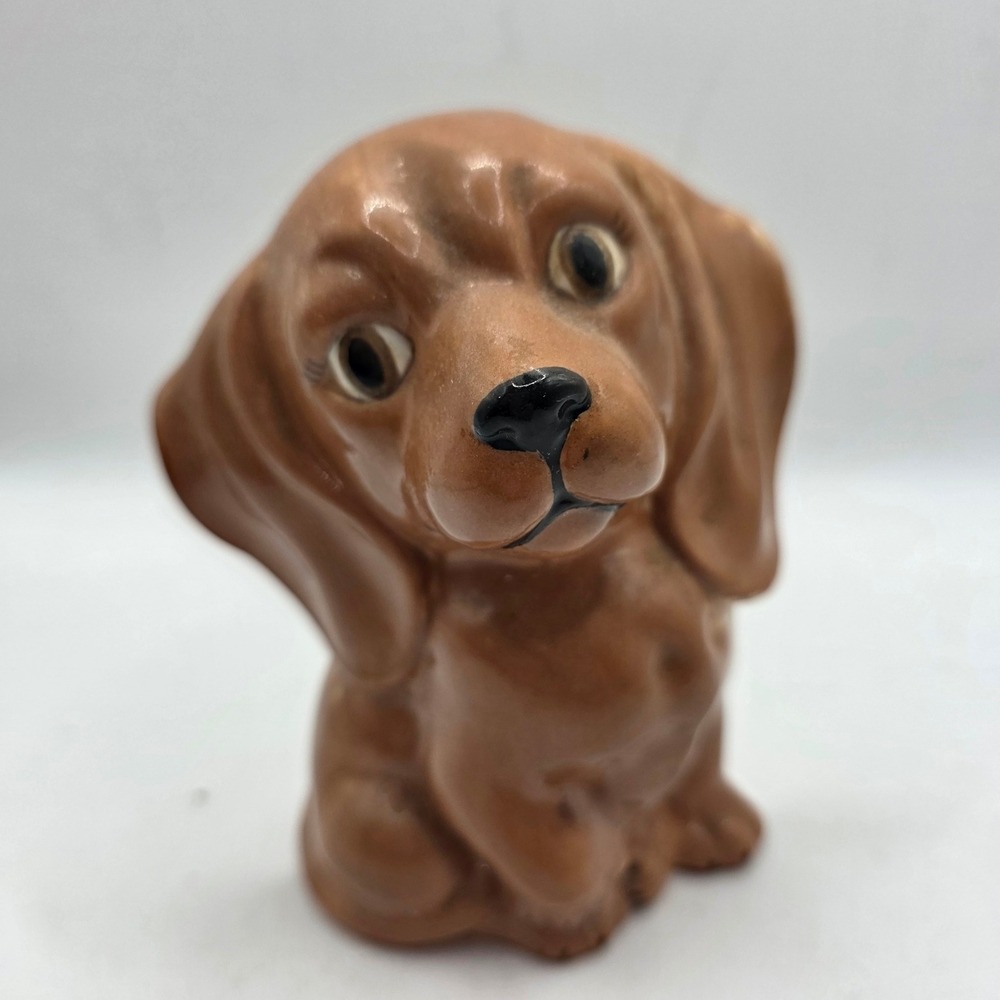 Vintage Ceramic Dachshund Puppy Dog Figurine Glossy Brown Hound Decor
